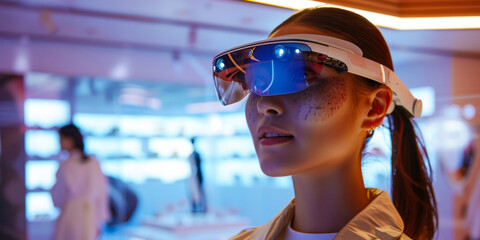 A woman stands with augmented reality eyewear in a warmly lit store, contemplating the digital landscape