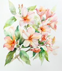 A delicate and vivid watercolor artwork captures the beauty of blooming flowers with petals in soft shades of pink and white amidst lush green leaves