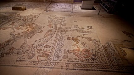 Sepphoris / Tzipori / Saffuriya. Remains of Zippori synagogue. Zodiac wheel mosaic in the 5th- century synagogue, combining Roman scroll designs with Hebrew lettering
