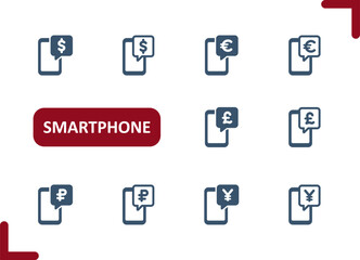 Smartphone Icons. Mobile Phone, Telephone, Money, Online Banking, Dollar, Euro, Yen, Pound, Ruble Icon
