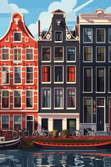 Amsterdam vertical poster, travel print with building facades looking at the canal. AI generated image