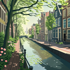 Amsterdam poster, travel print with building facades looking at the canal and trees with young foliage. AI generated image