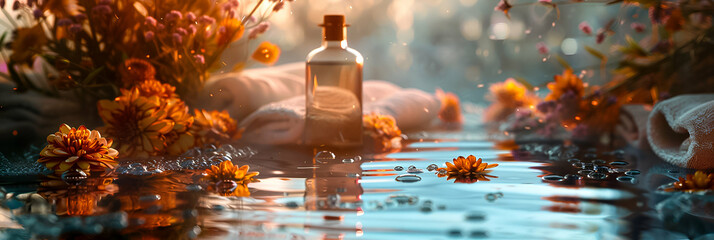 Aromatic spa setting with floating flowers, massage oil, and a soft towel. - obrazy, fototapety, plakaty