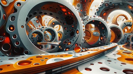 Amidst a modernist background pattern abstract 3D shapes form a surreal landscape where mechanical gears intermingle with supersonic supercars