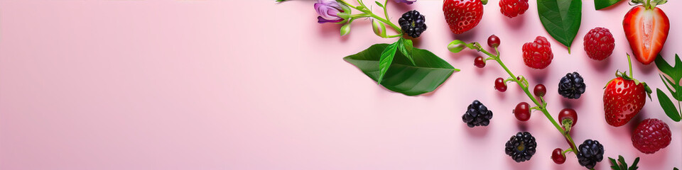 Pink background, banner with berries and leaves
