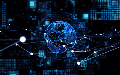 Global communication network concept. communication satellite. Satellite constellation. Planet earth in cyberspace.
