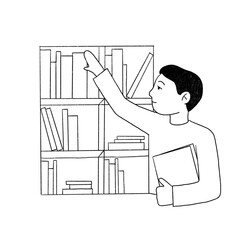 a boy in a library chooses a book, study, a boy holds a book