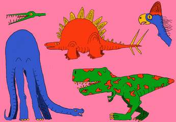 Dinosaurs, set, tyrannosaurus, brontosaurus, stegosaurus, funny dinosaurs