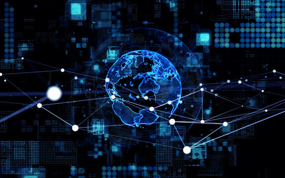 Global communication network concept. communication satellite. Satellite constellation. Planet earth in cyberspace.