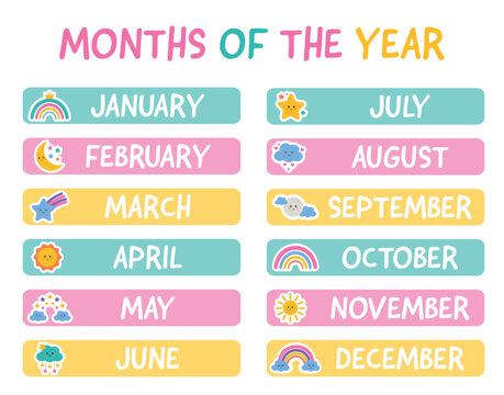 Months of the year. Learning month for kids, educational wall art poster, classroom, educational playroom poster. Lettering stickers with months for planer, scrapbooking, bullet journal.