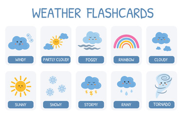 Cute weather flashcard vector set. Kids Flash cards with funny sun, rainbow, cloud characters. Learning weather, forecast vocabulary for kindergarten, primary school, preschool. Cloudy, sunny, windy. - obrazy, fototapety, plakaty