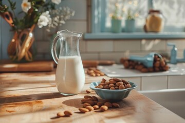 Almond milk, crafted from finely ground almonds and filtered water - obrazy, fototapety, plakaty