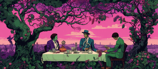 Surreal illustration of three men in suits having tea party in overgrown garden with large tree, pink sky and surreal plants.