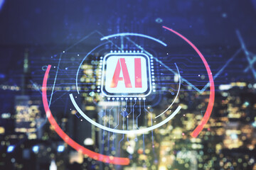 Double exposure of creative artificial Intelligence abbreviation hologram on blurry office buildings background. Future technology and AI concept - obrazy, fototapety, plakaty