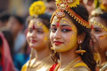 Cultural Festival - Indian Women Adorned with Traditional Makeup and Festive Decorations. Fictional character created by Generated AI. 