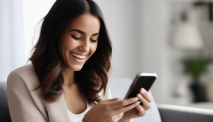 Portrait of a happy woman looking at her phone at home. Good news.