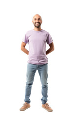 Fototapeta premium Young adult smiling man in pink t-shirt isolated on transparent white background. Full body