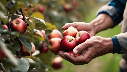 Farmer male hands picking red apples.