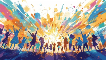 A vibrant and colorful abstract background featuring people in various poses, reaching up with their arms outstretched towards the sky, symbolizing freedom 