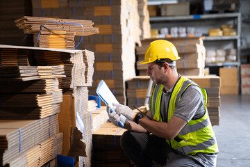 Warehouse workers and managers check stock and inventory by using digital tablet computers in the retail warehouse full of shelves with goods. Working in logistics and distribution center. - 761471795