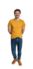 Young adult smiling man in yellow t-shirt isolated on transparent white background. Full body
