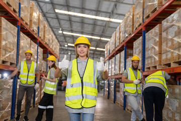 
Professional warehouse worker team celebrating success in warehouse factory, Cheerful workers having fun at work, Happiness at job, Concept of success, Happy team enjoying their successful job - 761471919