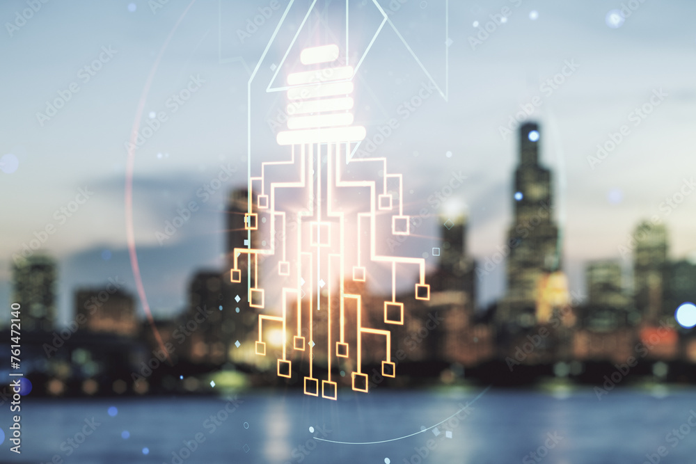 Poster virtual creative light bulb with chip hologram on blurry office buildings background, artificial int
