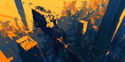 Abstract painting of a city skyline in a dark grey and orange color palette, with brush strokes and very rough edges in a monochromatic style
 - obrazy, fototapety, plakaty