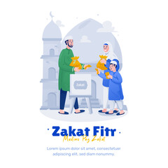 Islamic illustration of Muslim family pay zakat fitr