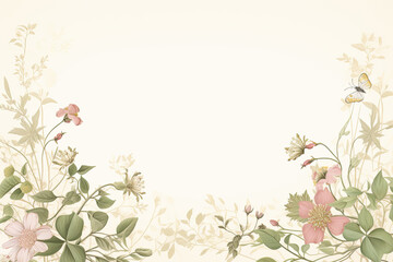 Fototapeta na wymiar Exquisite vintage vector: intricate botanical motifs, delicate flowers, leaves, vines in ornate border. Ideal for vintage wedding invites & stationery