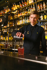 Skilled barman makes refreshing cocktail using elite alcohol. Bartender with metal bar pitcher...
