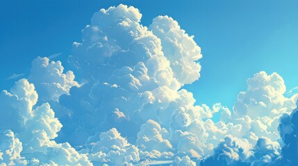 Expansive view capturing the awe-inspiring beauty of billowing cumulus clouds, bathed in sunlight against a deep blue sky