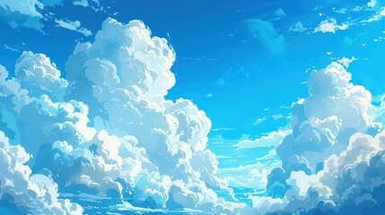 A serene and uplifting depiction of a clear blue sky filled with numerous fluffy white clouds bathing in abundant sunshine Perfect for backgrounds and nature themes - obrazy, fototapety, plakaty