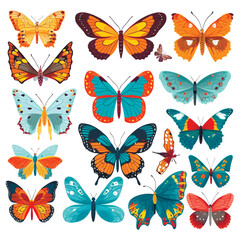 Tropical exotic colorful butterflies vector set. Isolated beautiful Butterfly collecion on white background. Elements. Bright Summer insects. Decorative ornte hand drawn butterflies for your design - 761473101
