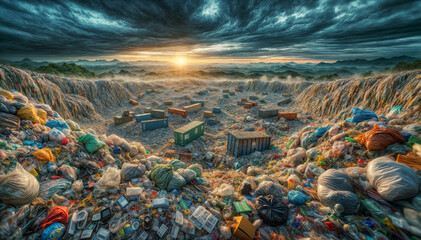 A large amount of different types of trash is depicted in a painting, filling the canvas with a chaotic composition of waste - obrazy, fototapety, plakaty