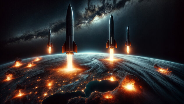 Multiple rockets are seen flying high in the sky above the planet Earth
