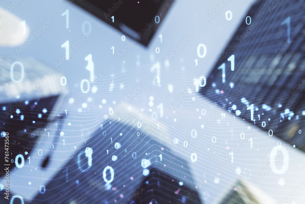 Aufkleber Abstract virtual binary code illustration on office buildings background. Big data and coding concept. Multiexposure