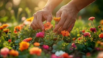 Hands tenderly caring of flowers growing  in the soil - Powered by Adobe