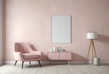 Light pink armchair on an empty light wall backdrop