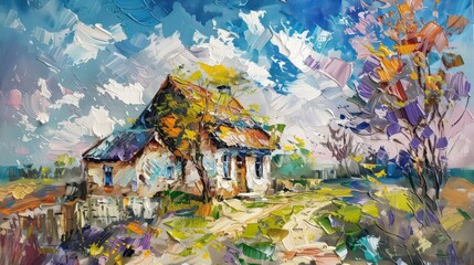 This vibrant artwork captures a quaint countryside house amid a flurry of expressive brushstrokes, symbolizing nature's beauty and tranquility