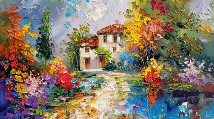 Vibrant palette knife painting depicting a scenic view of a quaint house amid lush trees and a reflective river in the foreground
