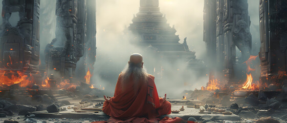 A serene monk in meditation contrasts sharply with the surrounding scene of ruins and flames - obrazy, fototapety, plakaty