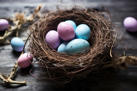 Easter eggs in nest on rustic wooden planks - generative ai