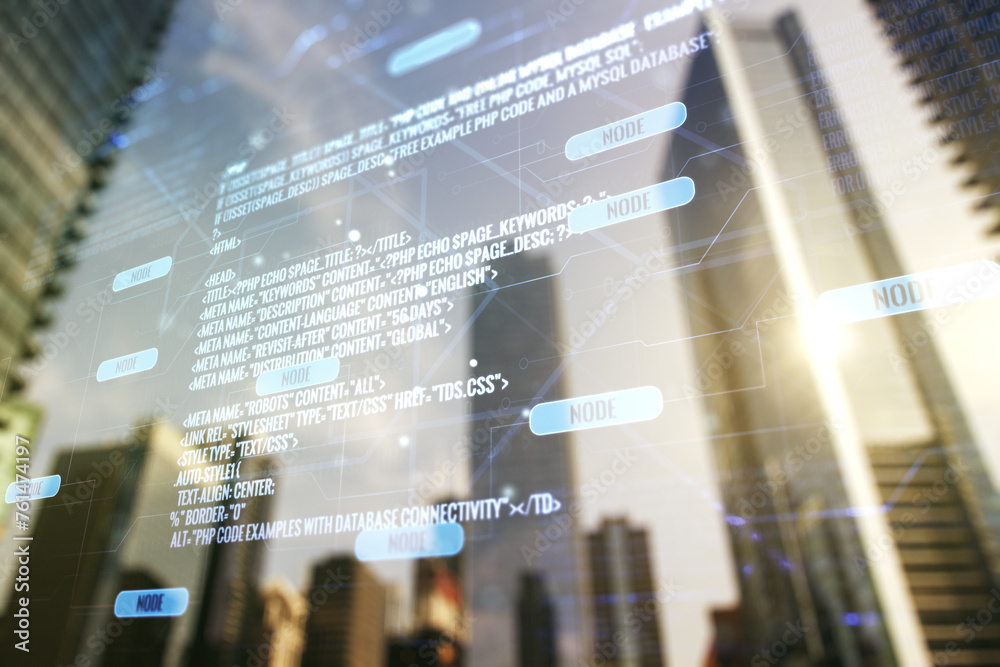 Poster Multi exposure of abstract programming language hologram on blurry cityscape background, artificial intelligence and machine learning concept