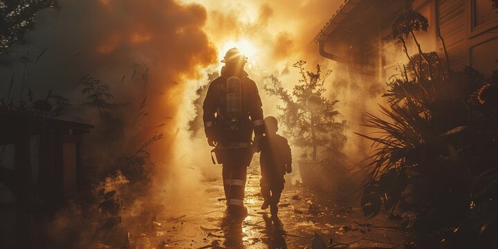 A heroic firefighter saves children from a dangerous blaze, battling flames with protective gear