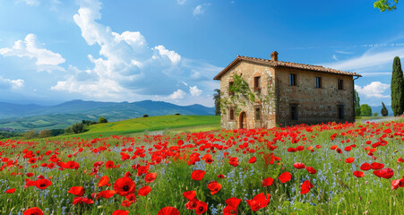 landscape with poppies and old stone house in summer, Italy, Europe. beautiful green meadow in spring or autumn time