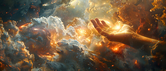 A human hand extends into a vibrant and explosive cosmic background, suggesting themes of creation and connection