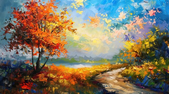 Vibrant oil painting depicting a pathway through an autumnal forest with vivid leaves and a serene lake backdrop Represents change and nature's beauty