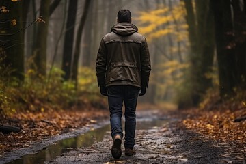 A man walks in the forest in rainy weather