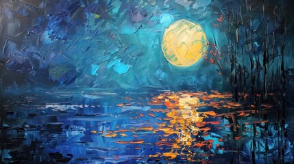 A vivid and textural painting depicting a night scene with a radiant moon reflecting off a body of water, surrounded by dark silhouettes of trees
